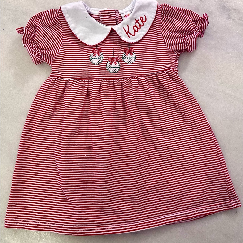 Embroidered, striped, knit holiday dress w/ personalized “Kate” collar monogram